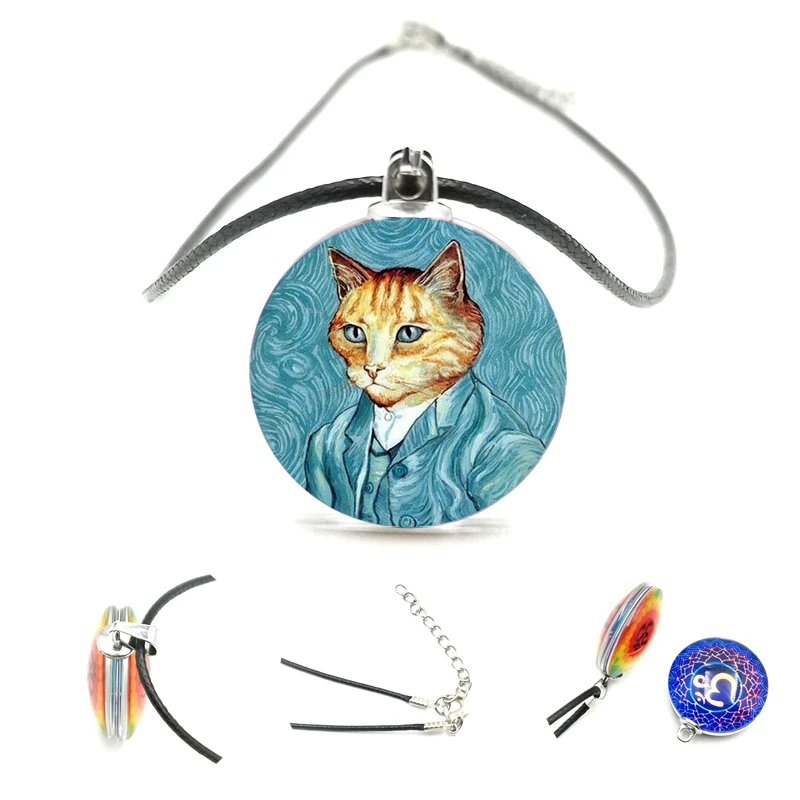 

Fashion All-match Necklace Van Gogh's Oil Painting Round Glass Double-sided Pendant Black Leather Rope Necklace Jewelry Gift