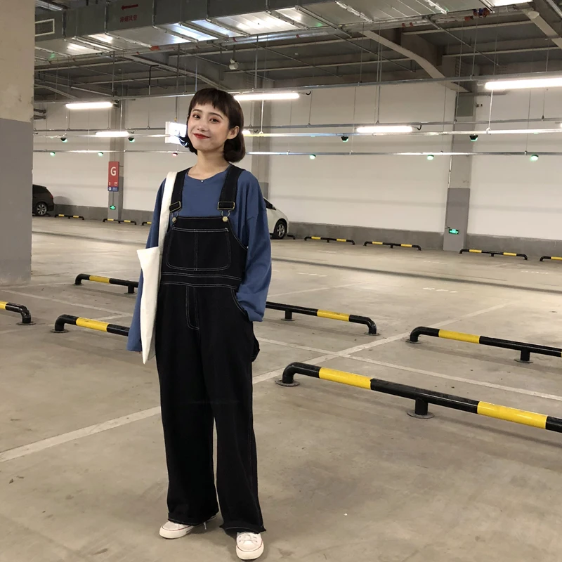 

Big SIM Suspender Pants Women's Loose Student Korean-Style Preppy Style Versatile Slimming Wide-Leg Pants Jeans Casual Trousers