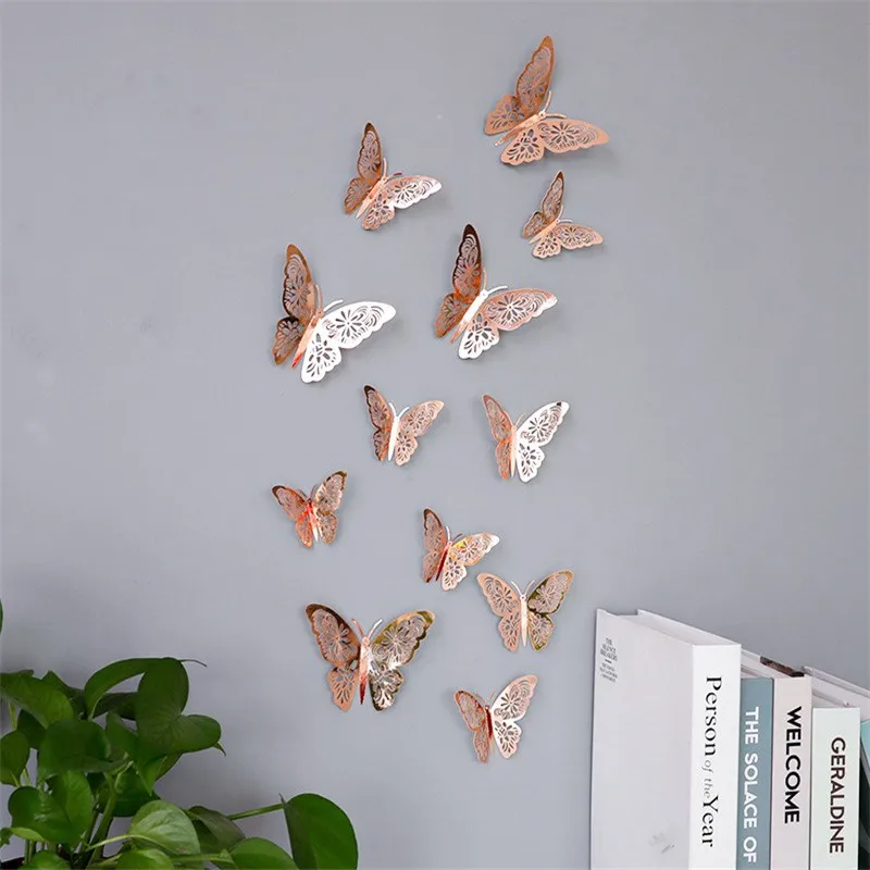 12 наборов 3D полых зеркальных бабочек настенные наклейки для детских комнат, спален, гостиных, холодильников, декоративные обои, домашний декор.