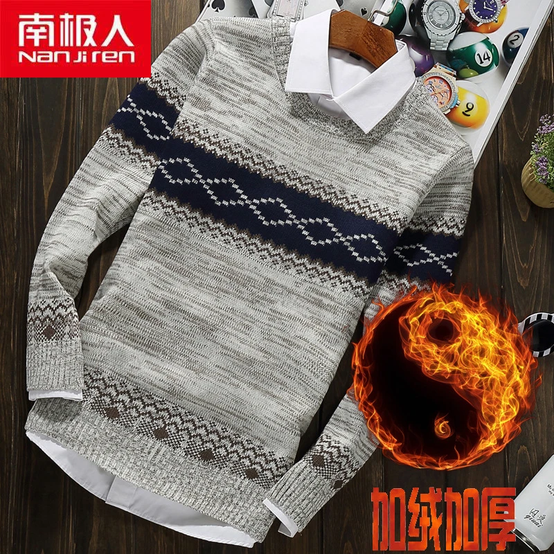 

Nanjiren Men Clothing Pullover O-Neck Casual Fashion Plus Fleece Patchwork Winter Polyester Korea Style Long Sleeves Men Sweater