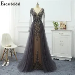 GREY Long Sleeve Erosebridal платья с длинным рукавом для особых случаев для женщин вечернее платье Длинные официальные платья вечерние платья тюль ткань с бисером - Цвет: GREY Long Sleeve