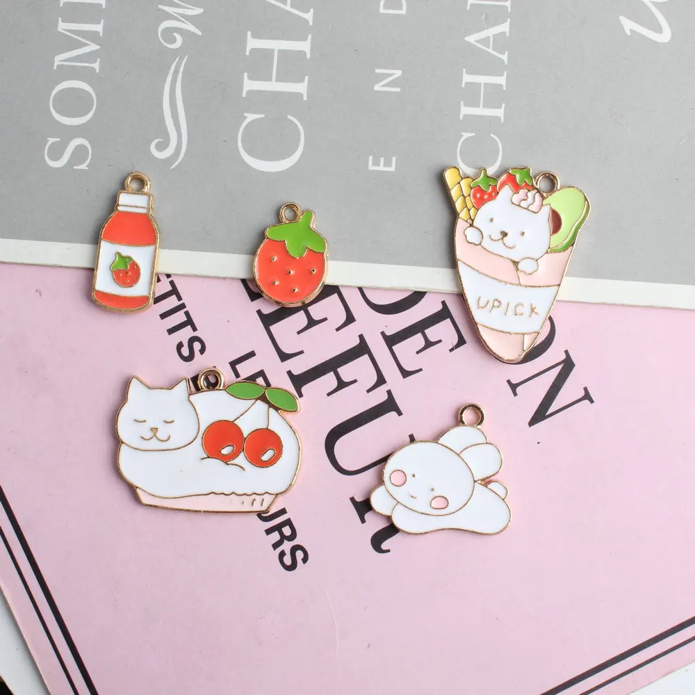 

10pcs/lot Fashion Drop-Oil Alloy Pendant Rabbit Cake Cat Strawberry Juice Shape Enamel Charms DIY Alloy Earrings Accessories