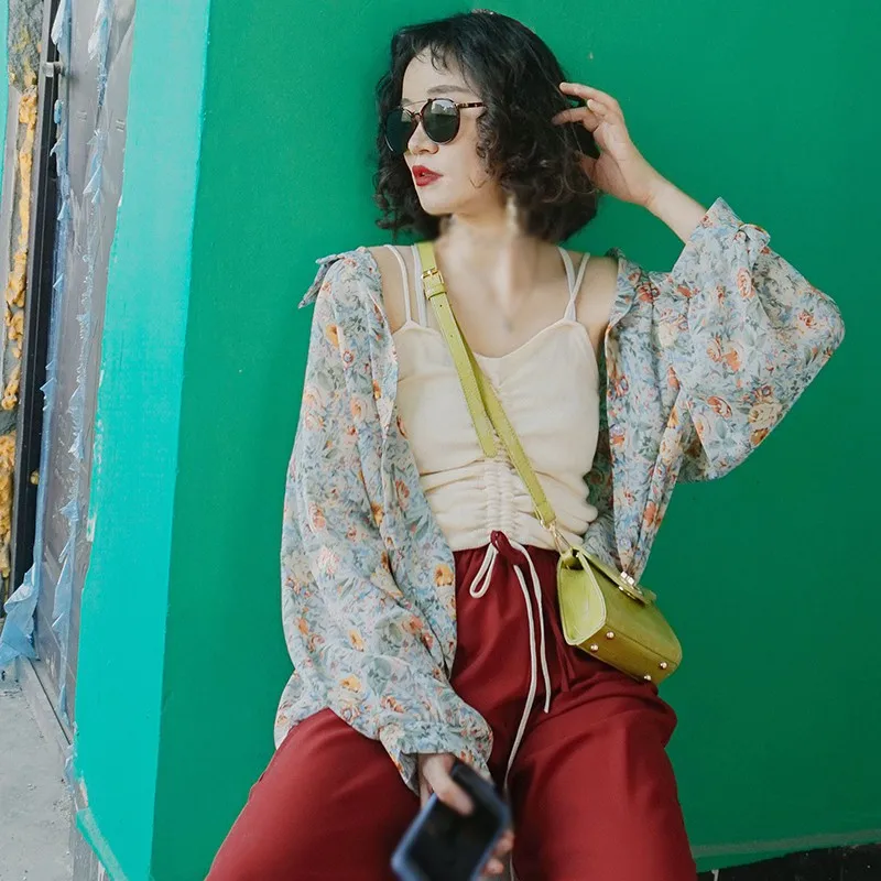 

Women's Temperament Floral Printing Loose Blouse Leisure Long-Sleeved Sunscreen Blouses Turn-Down Collar Wild Shirt Multi