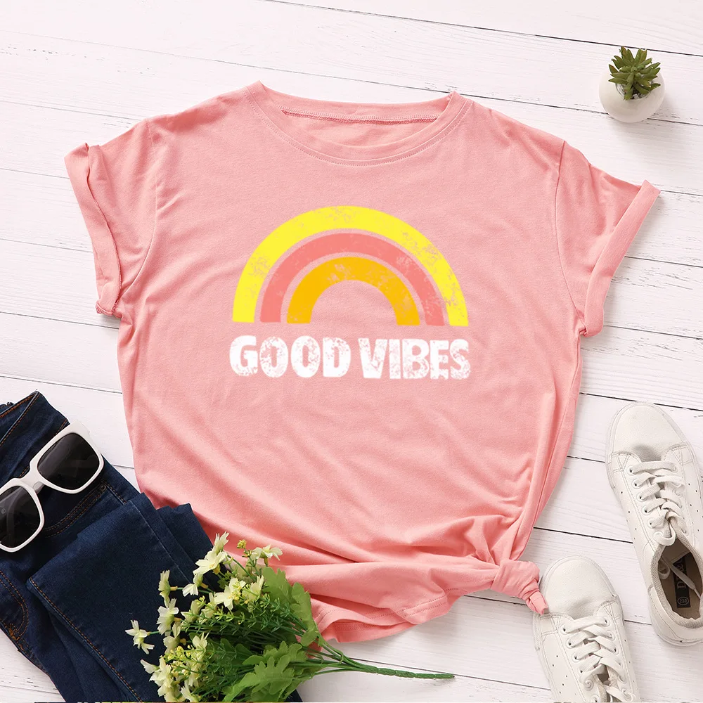 

2020 New Women T-shirts 100% Cotton Plus Size S-5XL Short Sleeve Female T Shirts Good Vibes Printed Rainbow O-Neck Top Tees