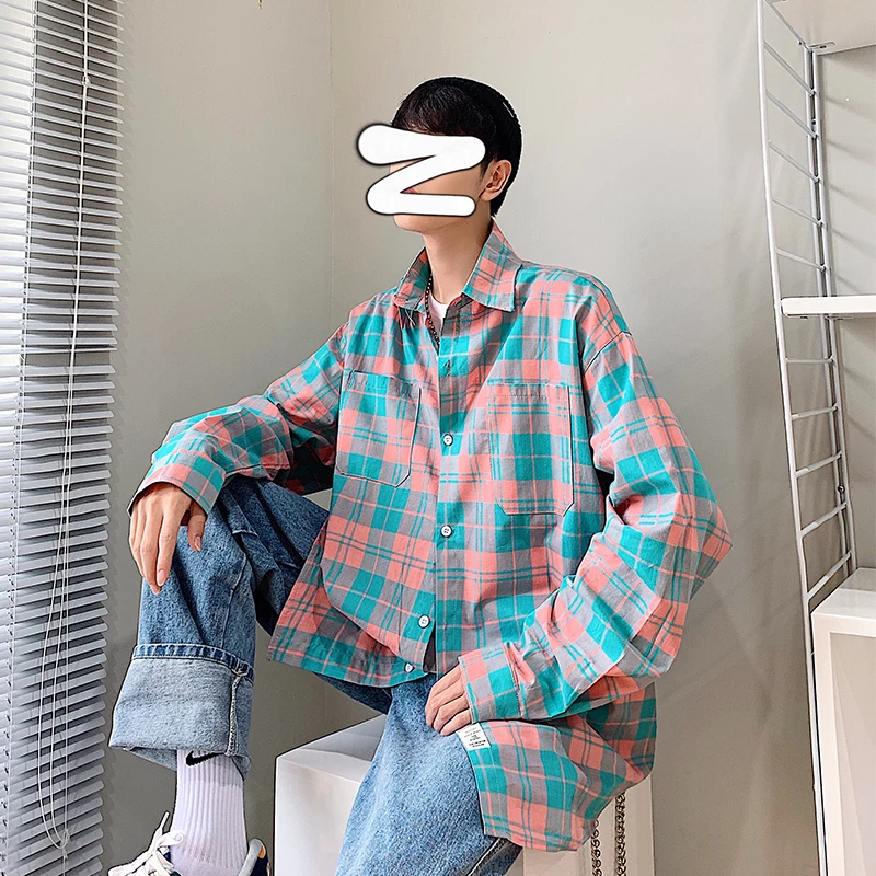 

2019 Autumn Korean Men Casual Loose Lattice Pocket Cotton Camisa Clothes Lapel Long Sleeve Plaid Shirt Homme Plus Size M-5XL
