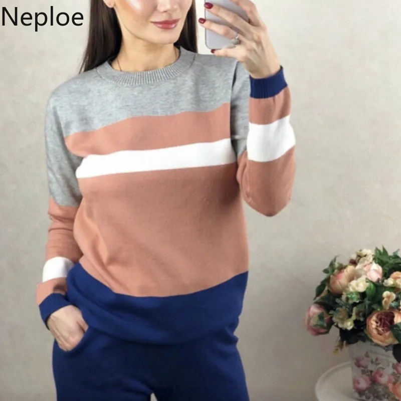 Neploe Conjuntos De Mujer Black Srtiped Short Kitt Sweater + High Waist Soild Pants Loose Slim Autumn Winter Women Set 46507 | Женская