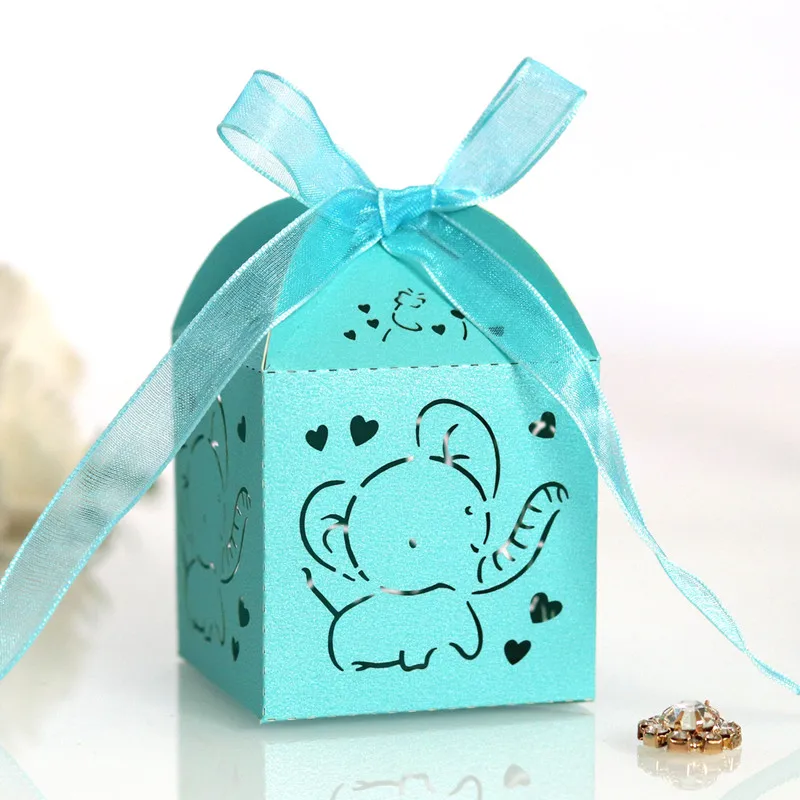 

10pcs Laser Cut Elephant Hollow Carriage Favors Box Gifts Candy Dragee Boxes with Ribbon Baby Shower Wedding Birthday Wrapping