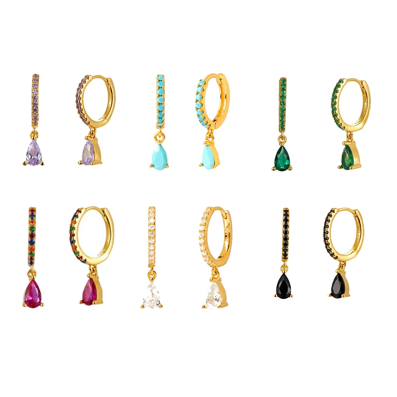 

925 Silver Ear Buckle Jewelry Fine Earrings Set Sparking Rainbow Crystal Water Drop Hoops Earring For Woman Lovers' Pendientes