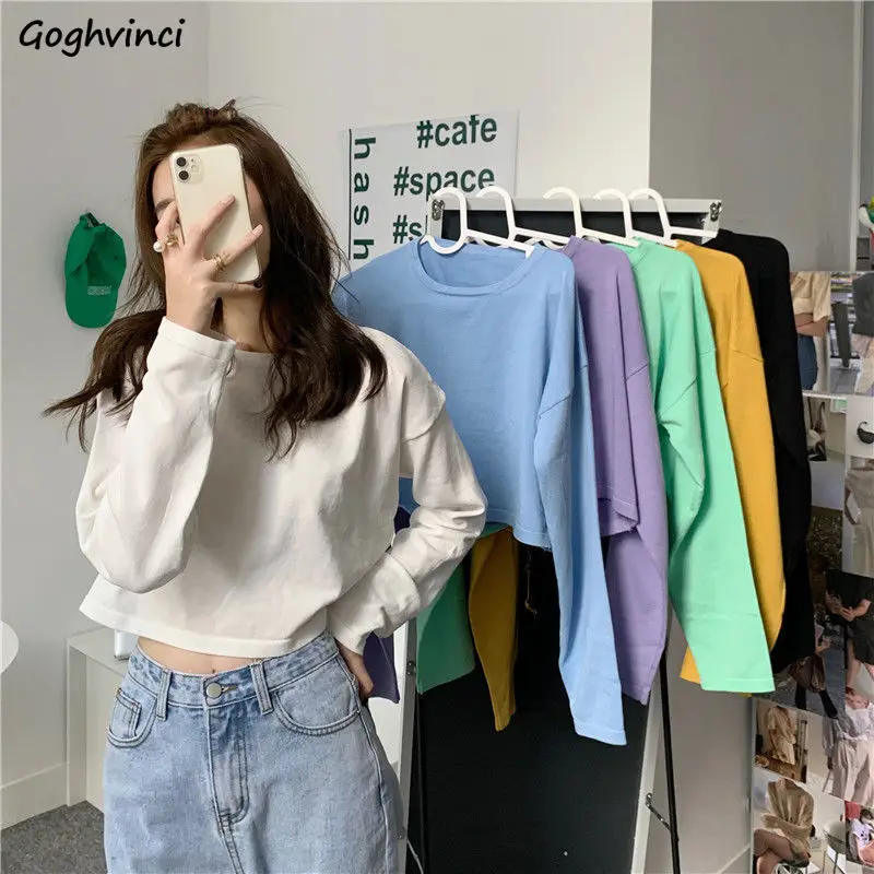 Candy Colors Loose Long Sleeve T-shirts Women Spring Daily Student All-match Casual Streetwear Short Style Tops Basic Undershirt