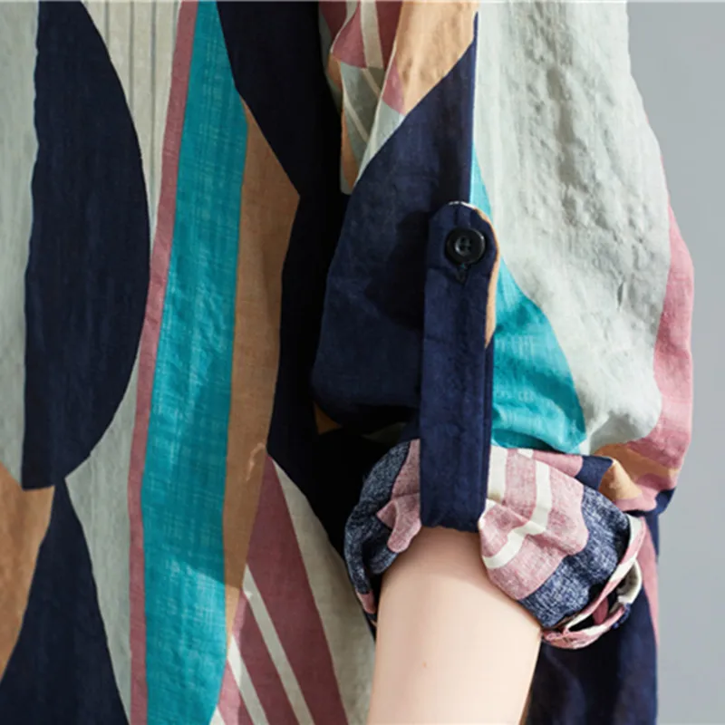 

Johnature New Casual Patchwork Hit Color Women Blouses 2021 Spring Korean Loose V-neck Full Sleeve Irregular Female Shirts