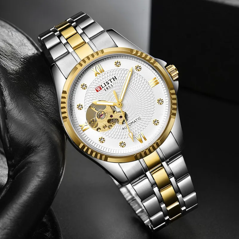 WLISTH Automatic Mechanical Watch Men Brand Luxury Gold Skeleton Watches Stainless Steel Waterproof Wristwatch Reloj Hombre | Наручные