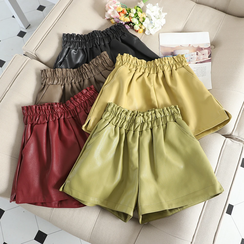 SINGRAIN осенние широкие кожаные шорты корейский стиль PU Уличная эластичная талия