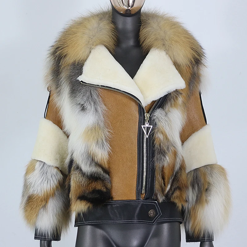 Женская шуба из натуральной овечьей кожи с воротником лисьего меха | одежда