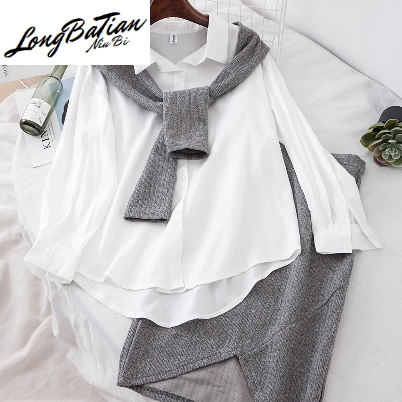 

2020 Spring Autumn 2 Piece Set Patchwork Knitted Blouse Shirt Suit Fashion Loose Tops Knit Skirt Women 2pcs Outfits