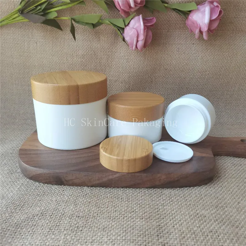 

Cream Box Refillable Container 10g 30g 50g 100g150g White PP Plastic With Bamboo Cap Jar For Body Cream Shea Butter Container