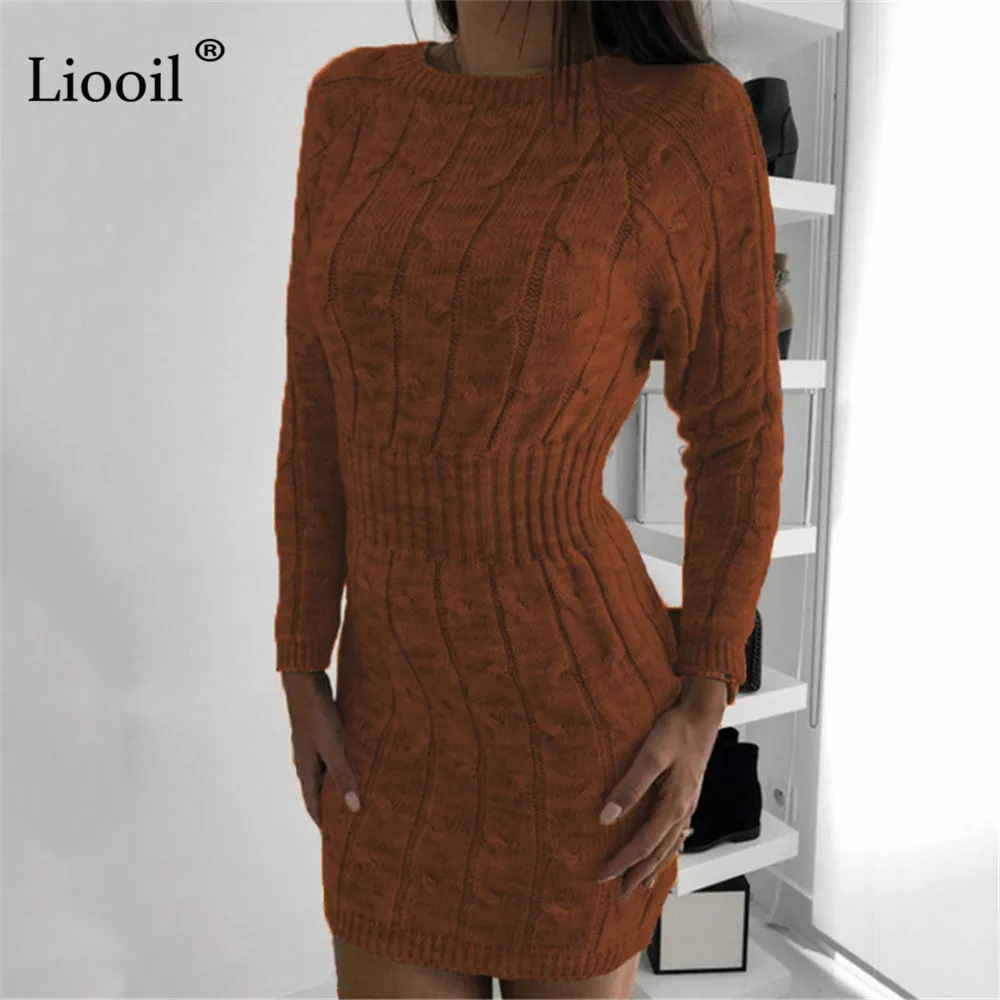 

Liooil Sexy Knit Sweater Mini Dress Women 2020 Long Sleeve O Neck Solid Female Fall Winter Clothing Knit Wear Pullover Dresses