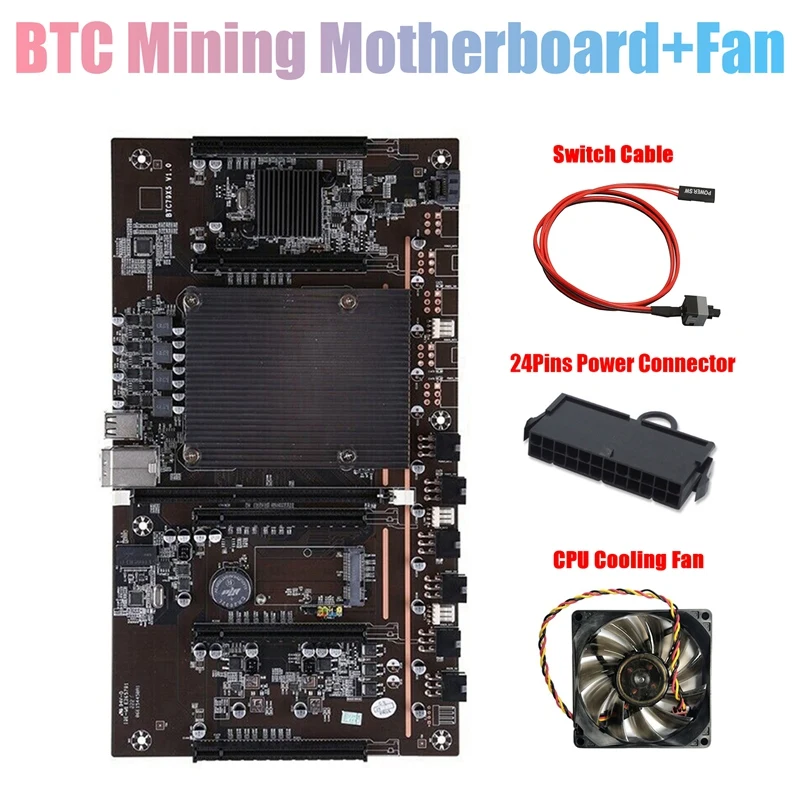 

AU42 -X79 H61 BTC Miner Motherboard with Switch Cable+24Pins Power Connector+Fan Support 3060 3070 3080 GPU 5 PCIE Motherboard