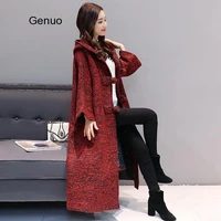 women 2020 korean new autumn winter bat sleeve wool blends coat long hooded loose cardigan woolen jacket outwear