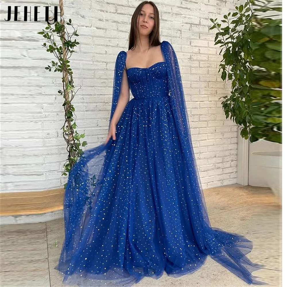 JEHETH Royal Blue A-Line Sparkly Stars Tulle Prom Dress Sweetheart With Long Cape Sleeves Evening Gowns Party