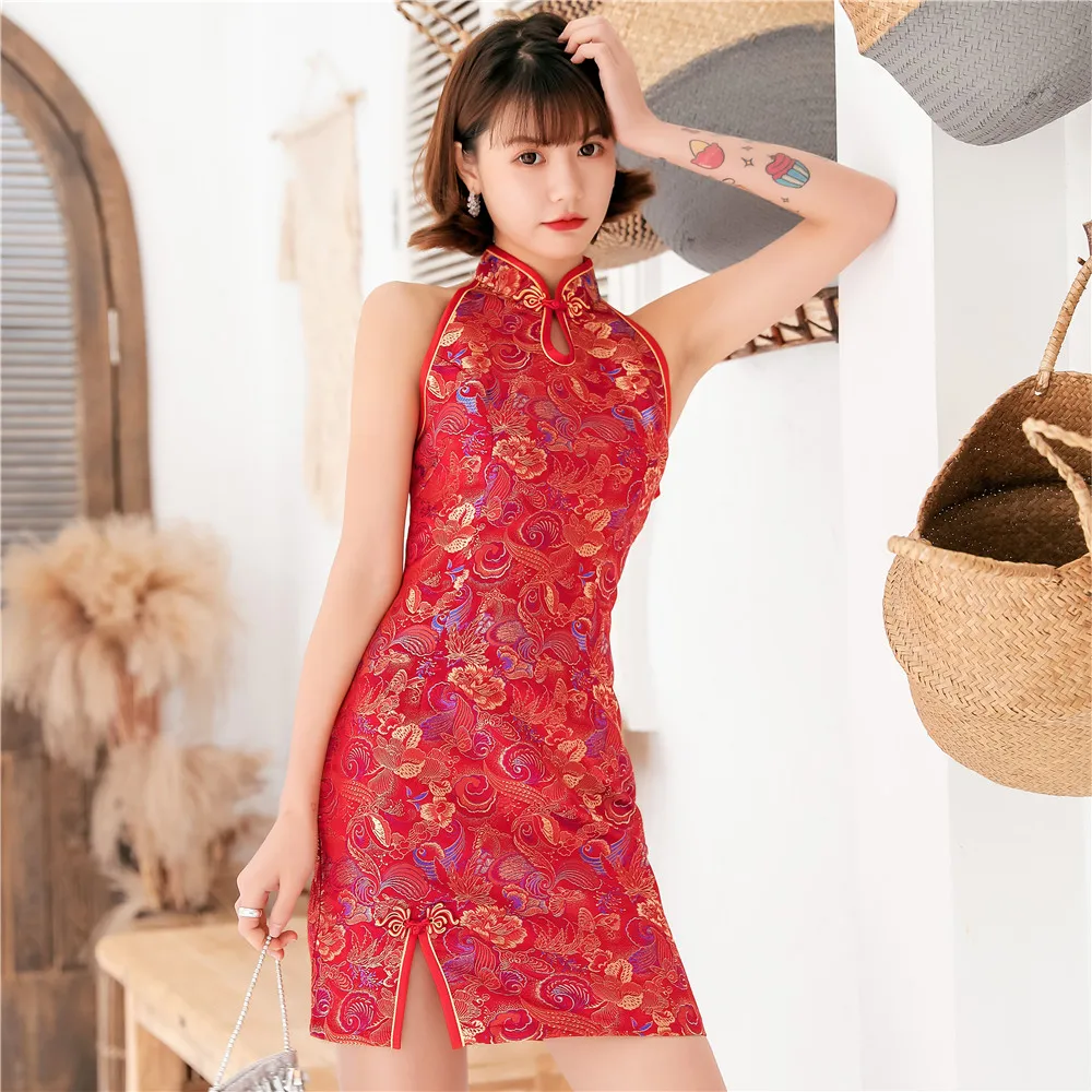 

Oversize 3XL Red Traditional Women Satin Summer New Chinese Dress Vestidso Sleeveless Sexy Chwongsam Mini Elegant Qipao