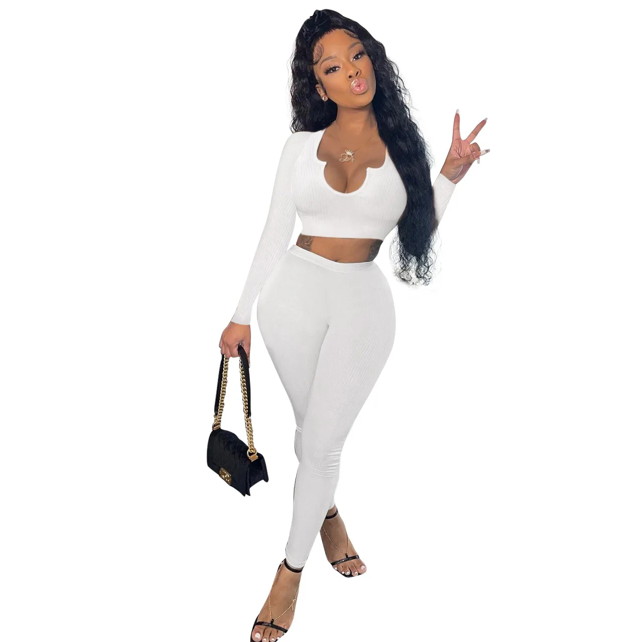 

Woman's Sportwear Outfit Bodycon Solid V-neck Crop Tops Leggings Matching 2 piece Set Female Activity Fitness Wear Tracksuits