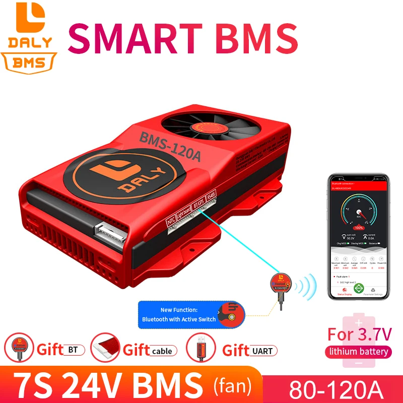 

18650 lithium battery Pack Li ion 7S smart bms 24V 80A 100A 120A with UART RS485 CAN function for solar battery bms