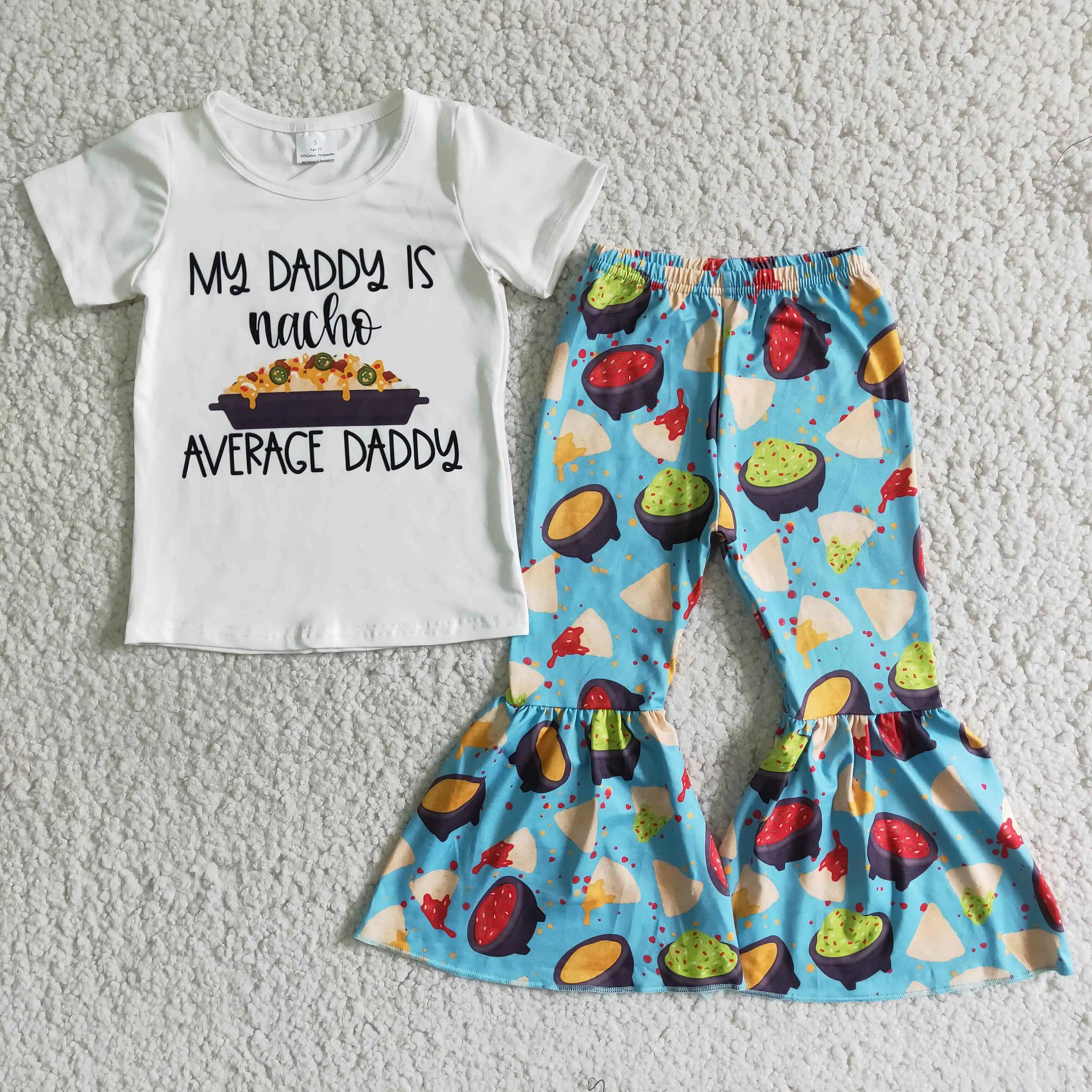 

My Daddy is nacho girl outfit baby girl's chicken roll bell bottom kids food print T-shirt fashion sets