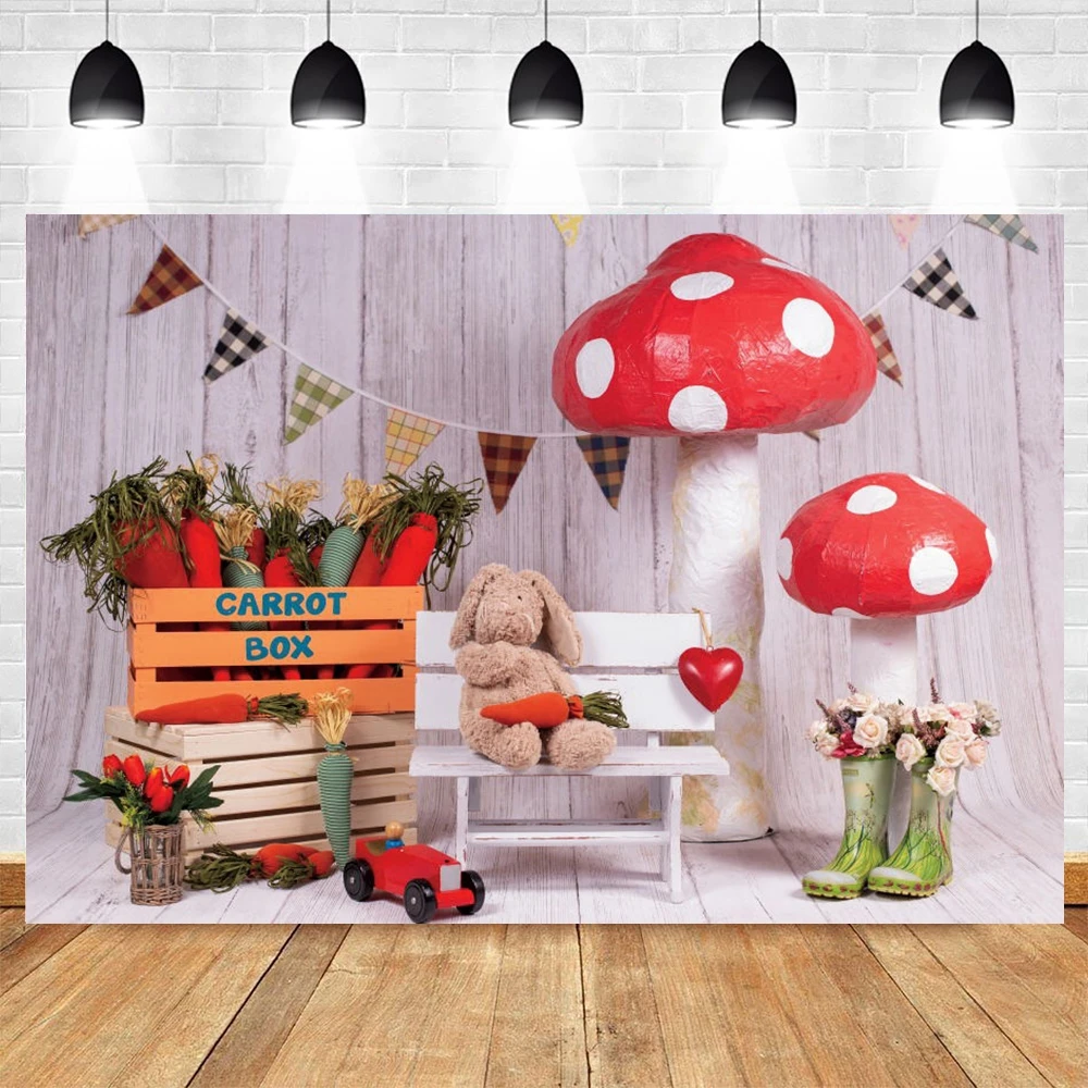 

Spring Happy Easter Backdrop Carrot Rabbit Bunny Mushroom Photography Background Party Baby Portrait Photo Booth Decor Banner