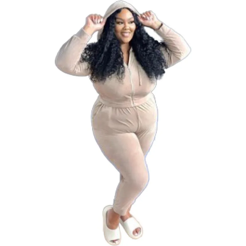 

Winter warm solid color hooded sweater plus size high waist casual sui two piece set two piece outfits for women