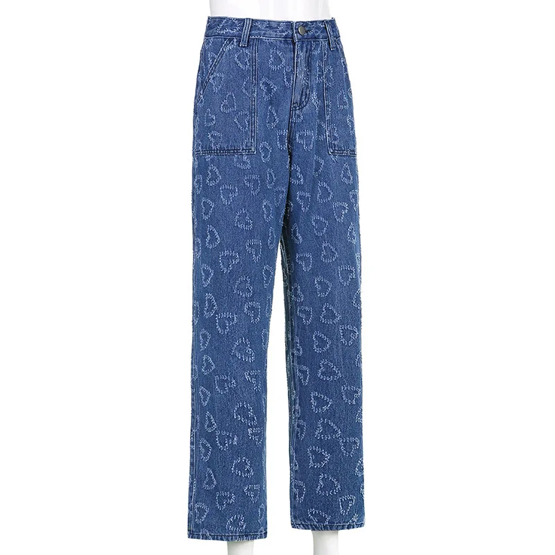 

2021 Women Wide Leg Jeans, Casual High Waist Heart Pattern Loose Denim Pants with Pockets