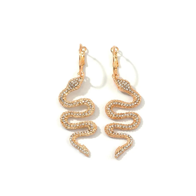 

2021 Long Punk Styles Gold Crystals Snake Stud Earrings for Women Party Retro Hip Hop Street Fashion Jewelry Girl Gifts