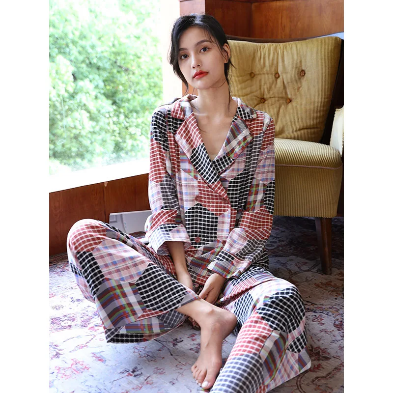 Plaid Pajamas Women's Long Sleeve Two-piece Set New Fashion Ice Silk Suit Simulated Silk Home Clothes