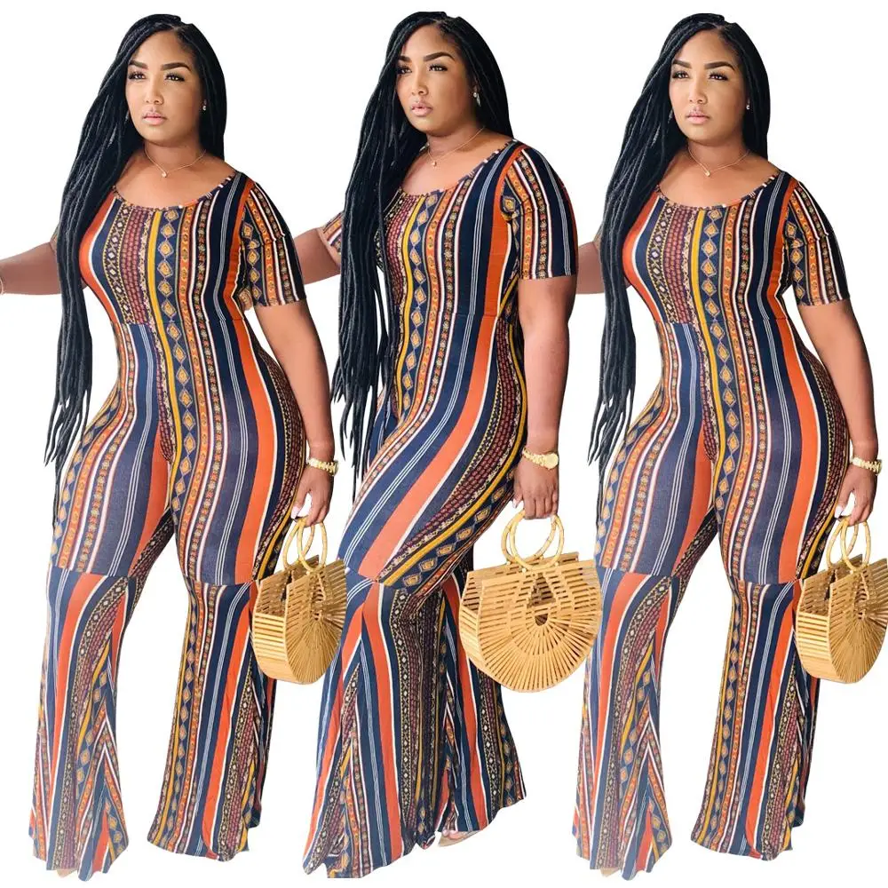 

Vertical Striped Rompers Womens Jumpsuit Summer Round Neck Short Sleeve Bell Bottom Playsuit Sexy High Waist Bohemian Bodysuits