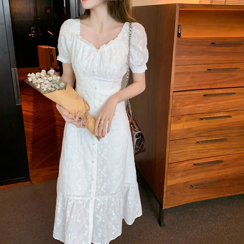 

Japanese Korean Version Elegant 2021 Ladies Dress Summer Casual Temperament Mermaid Retro V-neck Puff Sleeve Solid Color