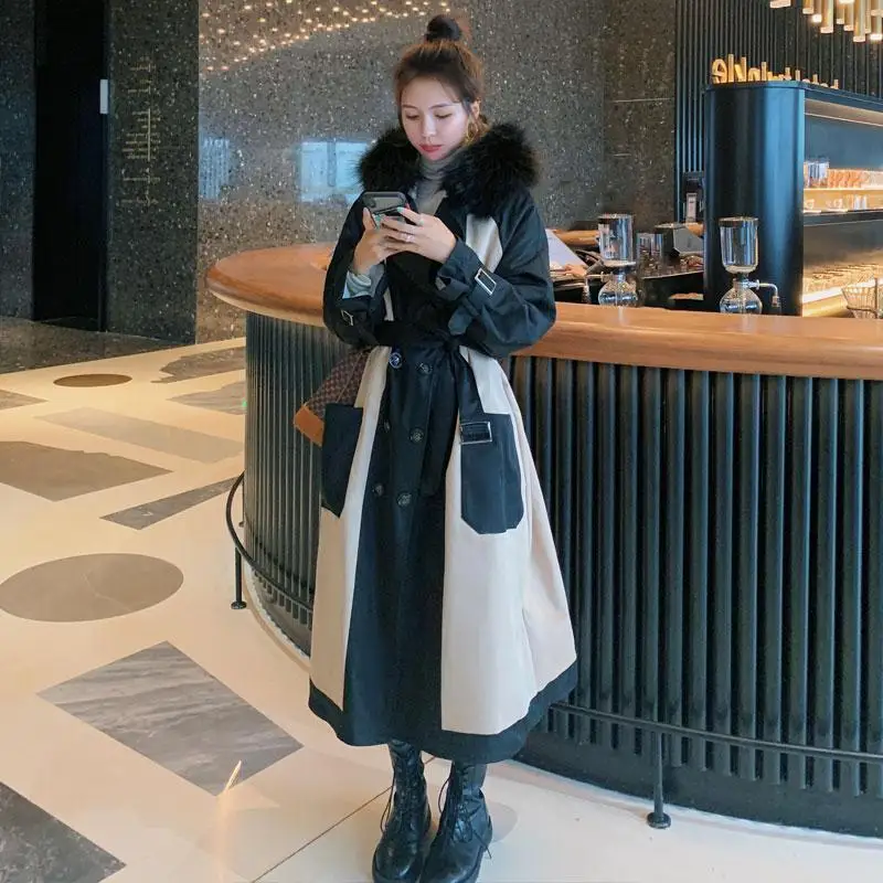 Пальто женское зимнее свободное с мехом длинная толстая теплая ветровка-макси