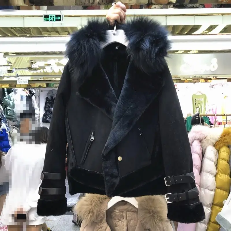 Зимнее пальто из овечьей шерсти женские толстые мотоциклетные замшевые кожаные