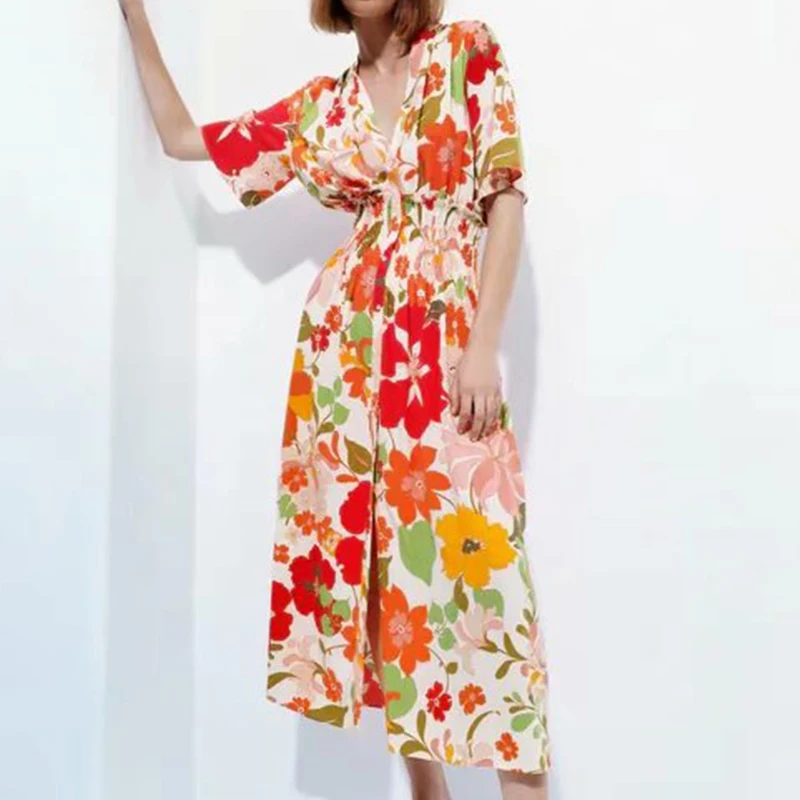 

Za 2021 Summer Women Flowers Print French Style Dress Short Sleeve V Neck Female Bohemian Midi Dress Vestidos OZZ1165