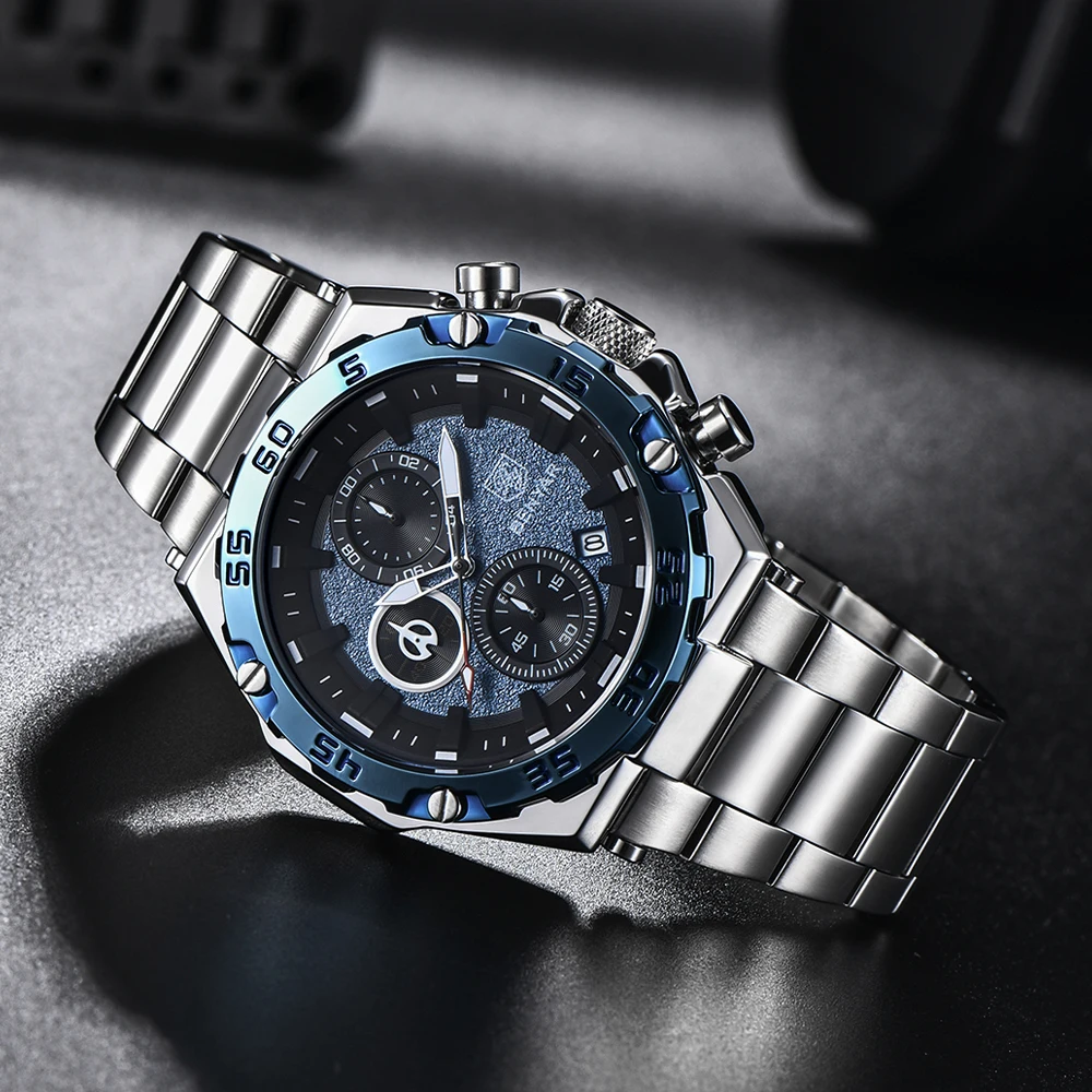 Часы-Хронограф Мужские кварцевые из нержавеющей стали водонепроницаемость 30 м |