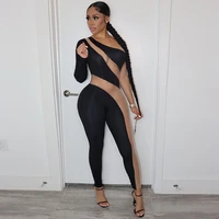 see through sheer mesh patchwork jumpsuit woman diagonal collar one shoulder long sleeve hipster stitching night club outfits