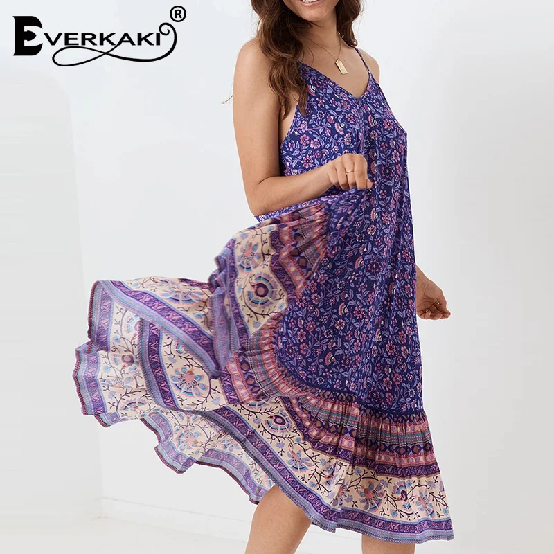 Everkaki/платье-комбинация с цветочным принтом для женщин; Boho; свободные; цыганские; с открытой спиной; женские богемные длинные платья; Vestidos; Новинка осени года