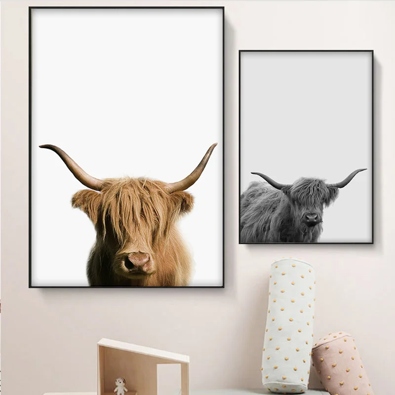 Современные животные на ферме Highland Bull Картина холсте Cow Художественная печать и