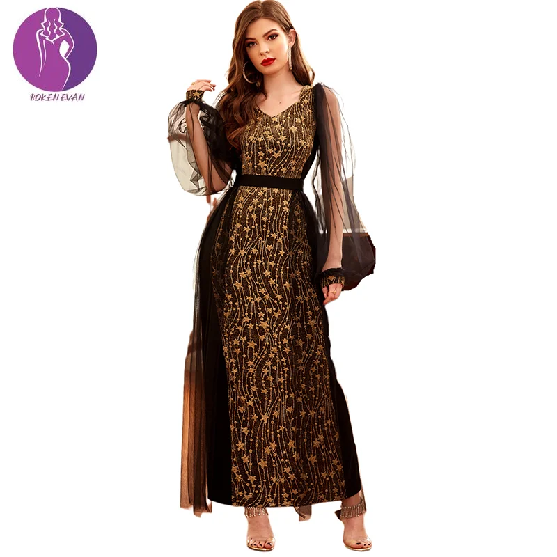 ROKEN EVAN Eid  High Elastic Gold Jacquard Knit Mesh Sleeve Design Dress Party Middle East Muslim Islamic Clothing For Women