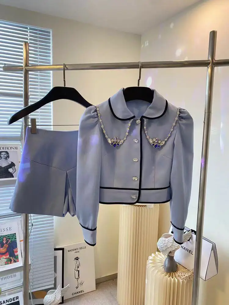 

ZALady designer fashion blue Diamond women two piece sets suits autumn sexy short Shirt jacket tops and high waist shorts female