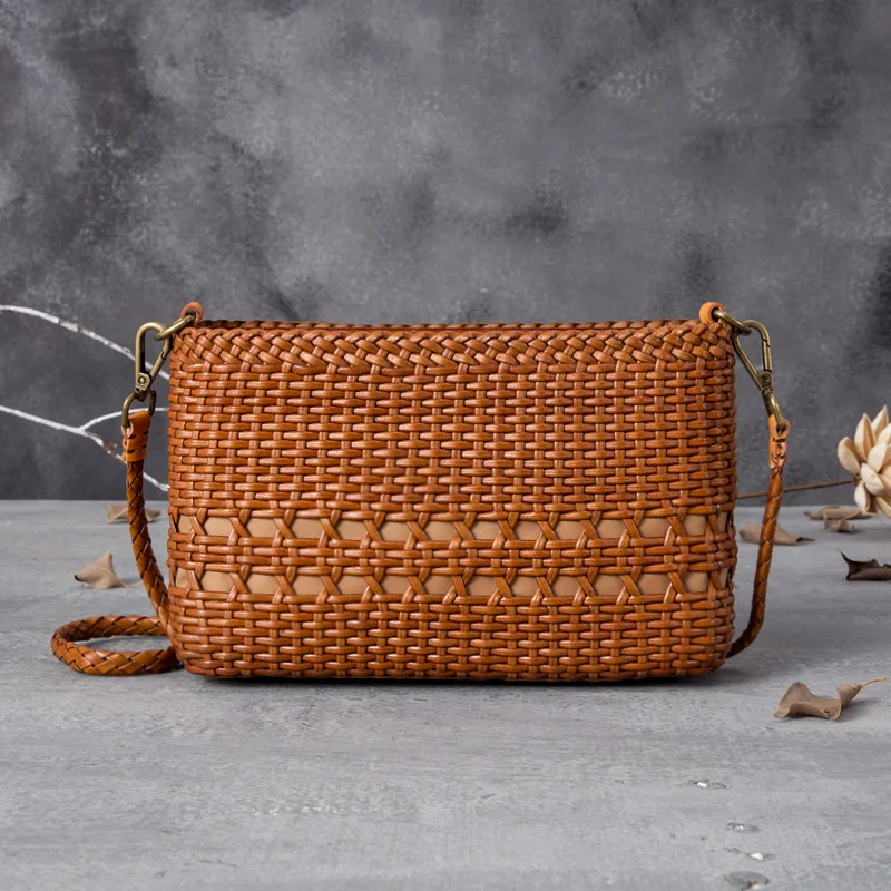 100%Leather Woven New Female Bag High Quality Classic Portable Weaving Shoulder Shopping Bags images - 6