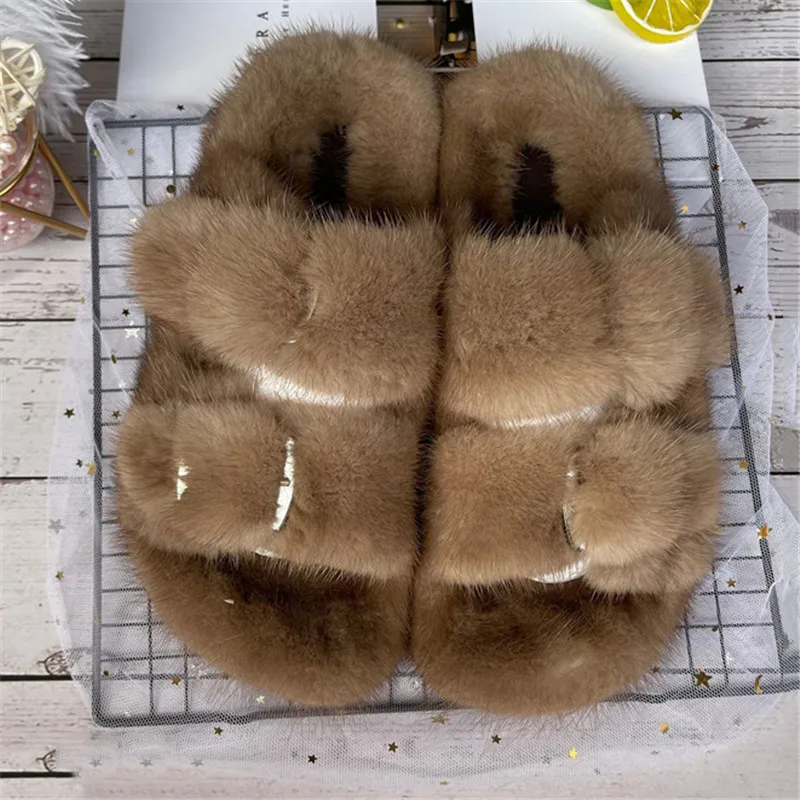 

Шлепанцы женские из меха норки, сланцы с цепочкой со стразами, натуральный мех, зимние домашние тапочки, 2021