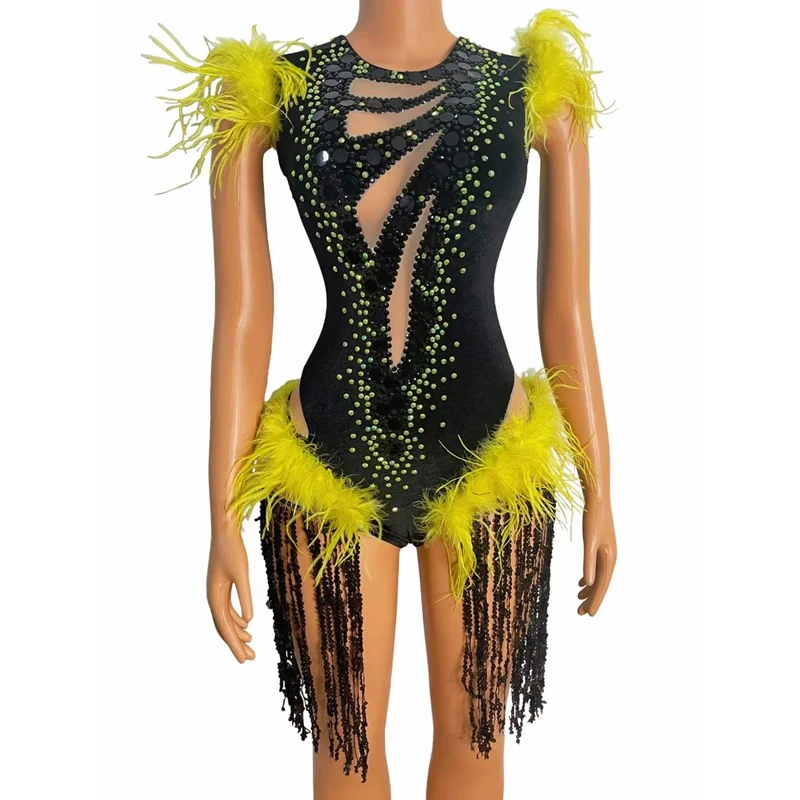 

Черные блестки бахрома желтые стразы боди с перьями сексуальный танцевальный костюм для женщин танцовщица певицы сценическая одежда на де...