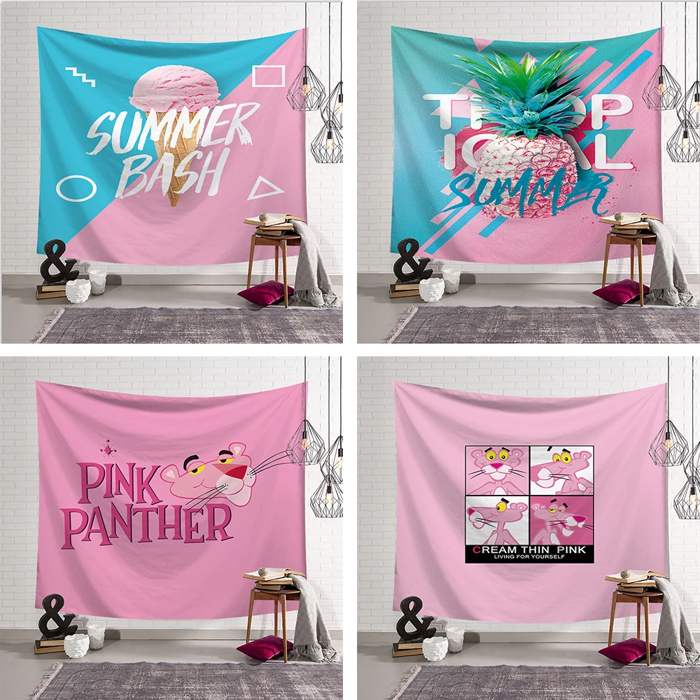 

Pink Cartoon Tapestry Wall Hanging For Child Bedroom Home Decorations Polyester Cute Pink Panther Wall Carpet Decor 150x200cm