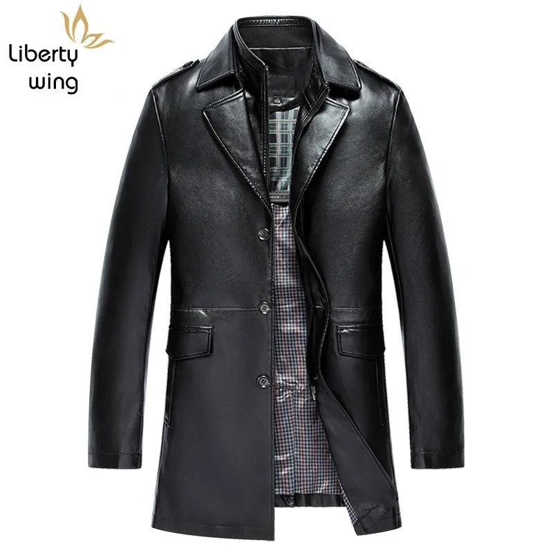 

Winter Pu Leather Jacket Men Single Breasted Long Windbreaker Thick Slim Business Casual Tops Coats Plus Size 4XL Black Outwear