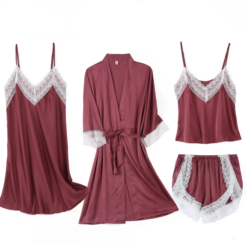 Комплект пижамный женский из 4 предметов пеньюар с V образным вырезом домашняя