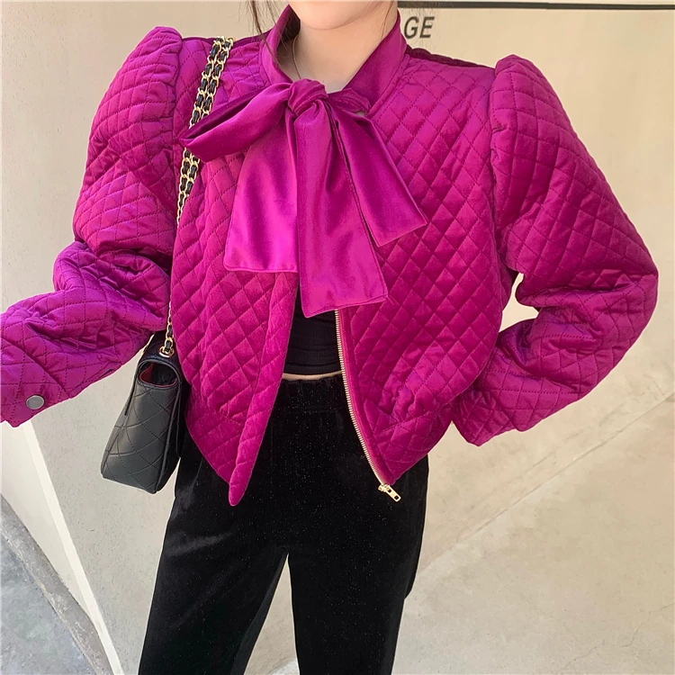 

Elegant Velvet Padded Jacket For Women Autumn Winter Vintage Knot Collar Short Quilted Short Jacket Lady Solid Padded Outwear